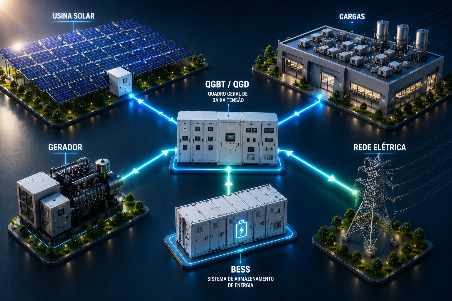 Arquitetura energética integrada com QGBT, BESS, gerador, rede elétrica e cargas